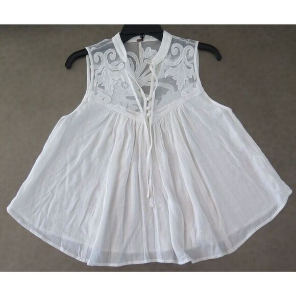 Free People Women's Sz XS Ivory Boho Lace Blouse Top w/Button & Tie Collar $85 - Picture 3 of 7